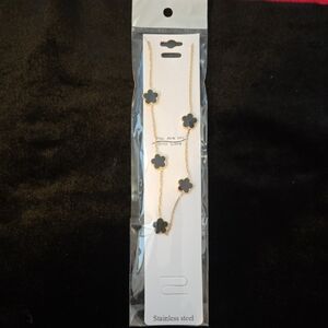 Stainless Steel Chic Gold Necklace with Black Floral Charms